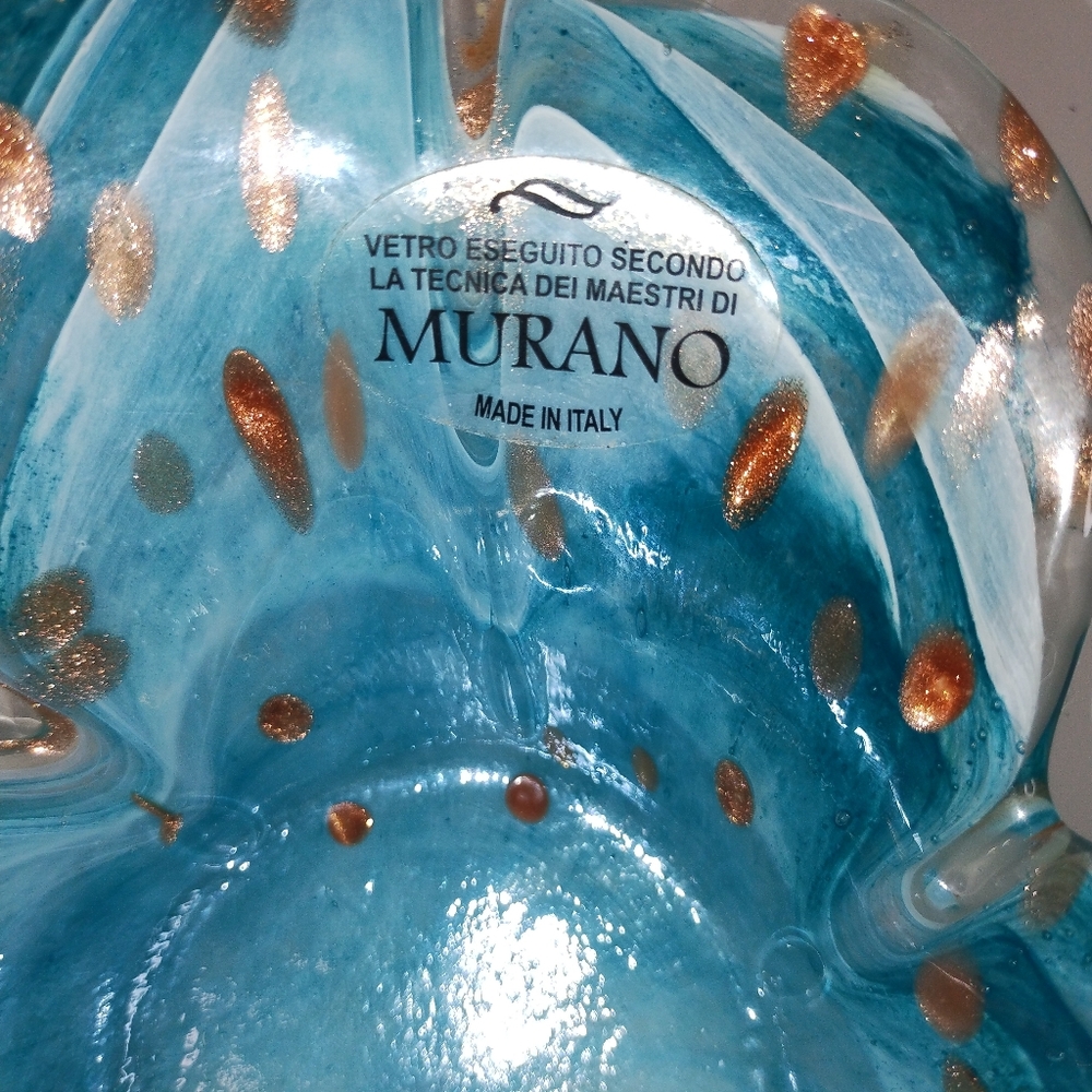 HandBlown Murano Lavorazione Blue Petal Art Glass Bowl with Gold Aventurine - Picture 2 of 10